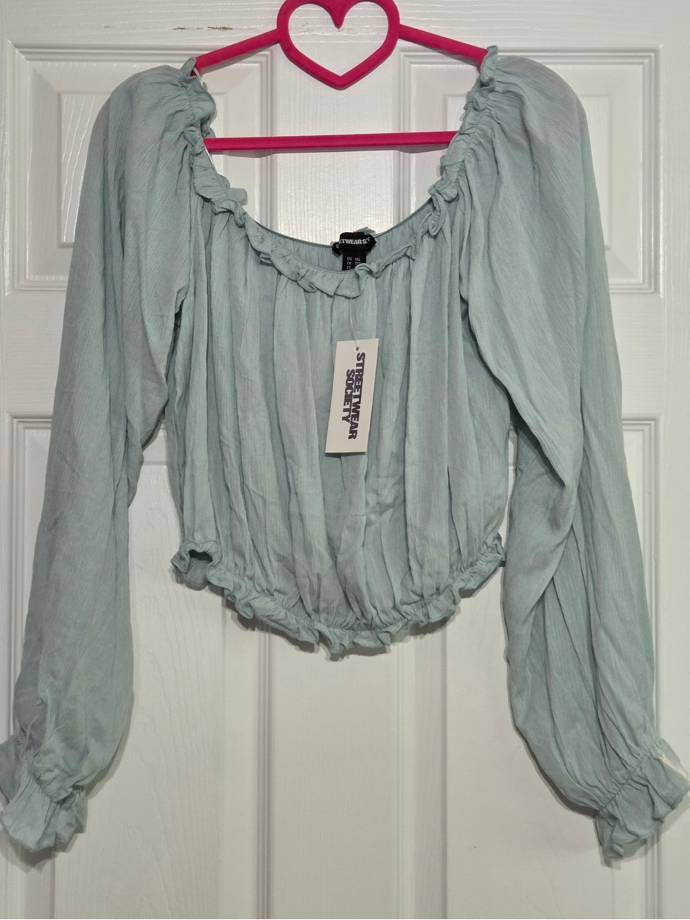 NWT Streetwear Society Mint Green Long Sleeve Ruffle Peasant Crop Blouse